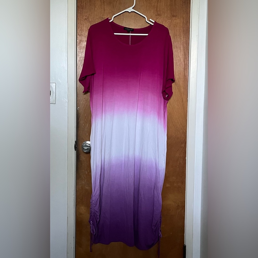 Lane Bryant pink/purple stretchy maxi dress 22/24 bottom side cinch ties EUC
